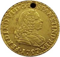 obverse of 1 Escudo - Fernando VI (1757 - 1759) coin with KM# A116 from Mexico. Inscription: HISPAN * ET IND* REX FERDIND * VI * D * G