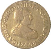 obverse of 1 Escudo - Carlos III (1760 - 1761) coin with KM# 116 from Mexico. Inscription: HISPAN * ET IND * REX CAROLVS * III * D * G