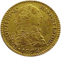 obverse of 1 Escudo - Carlos III (1772 - 1784) coin with KM# 118 from Mexico. Inscription: HISP * ET IND * R CAROL * III * D * G