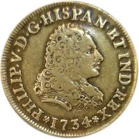 obverse of 2 Escudos - Felipe V (1732 - 1747) coin with KM# 124 from Mexico. Inscription: PHILIP V D G HISPAN ET IND REX