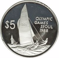 reverse of 5 Dollars - Elizabeth II - 1988 Summer Olympics, Seoul (1988) coin with KM# 94 from Cayman Islands. Inscription: OLYMPIC GAMES SEOUL 1988 $5