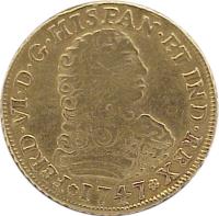 obverse of 2 Escudos - Fernando VI (1747) coin with KM# 125 from Mexico. Inscription: FERD VI D G HIPAN ET IND REX