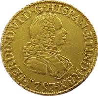 obverse of 2 Escudos - Fernando VI (1757 - 1759) coin with KM# 127 from Mexico. Inscription: FERDIND VI D G ...