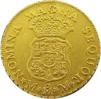 reverse of 2 Escudos - Fernando VI (1757 - 1759) coin with KM# 127 from Mexico. Inscription: NOMINA MAGNA SEQUOR