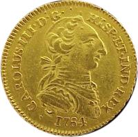 obverse of 2 Escudos - Carlos III (1762 - 1771) coin with KM# 129 from Mexico. Inscription: CAROLUS III D G