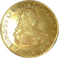 obverse of 4 Escudos - Fernando VI (1748 - 1751) coin with KM# 137 from Mexico. Inscription: FERDND VI D G ...