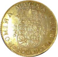 reverse of 4 Escudos - Fernando VI (1748 - 1751) coin with KM# 137 from Mexico. Inscription: NOMINA MAGNA SEQUOR