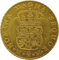 reverse of 4 Escudos - Fernando VI (1759) coin with KM# 139 from Mexico. Inscription: NOMINA MAGNA...