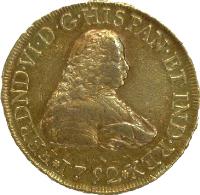 obverse of 8 Escudos - Fernando VI (1752 - 1756) coin with KM# 151 from Mexico. Inscription: FERDND VI D G ...