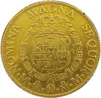 reverse of 8 Escudos - Carlos III (1760 - 1761) coin with KM# 153 from Mexico. Inscription: NOMINA MAGNA SEQUOR