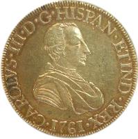 obverse of 8 Escudos - Carlos III (1761) coin with KM# 154 from Mexico. Inscription: CAROLVS III D G ...