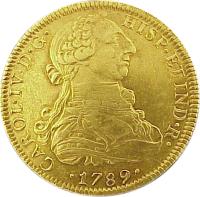 obverse of 8 Escudos - Carlos IV (1789 - 1790) coin with KM# 157 from Mexico. Inscription: CAROL IV D G ...