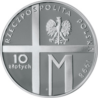 obverse of 10 Złotych - 20th Anniversary of John Paul's II Pontificate (1998) coin with Y# 345 from Poland. Inscription: RZECZPOSPOLITA POLSKA 1998 mw 10 złotych