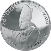 reverse of 10 Złotych - 20th Anniversary of John Paul's II Pontificate (1998) coin with Y# 345 from Poland. Inscription: 20 · LECIE PONTYFIKATU JANA PAWŁA II