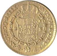 reverse of 2 Escudos - Fernando VII (1814 - 1821) coin with KM# 134 from Mexico. Inscription: IN UTROQ FELIX AUSPICE DEO