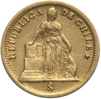 obverse of 1 Peso (1860 - 1864) coin with KM# 133 from Chile. Inscription: REPUBLICA DE CHILE So