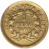 reverse of 1 Peso (1860 - 1864) coin with KM# 133 from Chile. Inscription: IGUALDAD ANTE LA LEI 1 PESO 1860