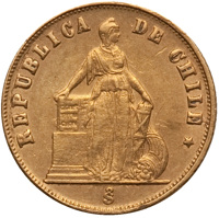 obverse of 1 Peso (1867 - 1875) coin with KM# 140 from Chile. Inscription: REPUBLICA DE CHILE So