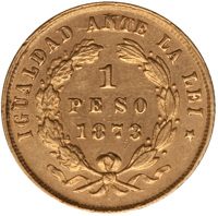 reverse of 1 Peso (1867 - 1875) coin with KM# 140 from Chile. Inscription: IGUALDAD ANTE LA LEI 1 PESO 1873