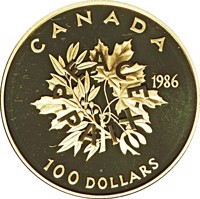 reverse of 100 Dollars - Elizabeth II - International Year of Peace (1986) coin with KM# 152 from Canada. Inscription: CANADA 1986 100 DOLLARS - PEACE - PAIX