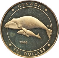 reverse of 100 Dollars - Elizabeth II - Bowhead Whale (1988) coin with KM# 162 from Canada. Inscription: CANADA 1988 RRC 100 DOLLARS