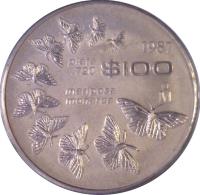 reverse of 100 Pesos - Mariposa Monarca (1987) coin with KM# 537 from Mexico. Inscription: 1987 $00 PLATA .720 MANIPOSA MONACA