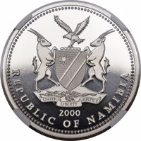 obverse of 100 Dollars - 10th Anniversary of Independence (2000) coin from Namibia. Inscription: UNITY LIBERTY JUSTICE 2000 REPUBLIC OF NAMIBIA