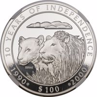 reverse of 100 Dollars - 10th Anniversary of Independence (2000) coin from Namibia. Inscription: 10 YEARS OF INDEPENDENCE ESSAI 1990 $100 2000