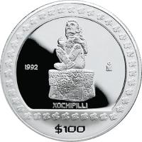 reverse of 100 Pesos / 1 Onza - Xochipilli (1992) coin with KM# 562 from Mexico. Inscription: 1992 Mo XOCHIPILLI $100