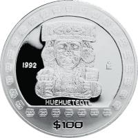 reverse of 100 Pesos / 1 Onza - Huehuetéotl (1992) coin with KM# 564 from Mexico. Inscription: 1992 Mo HUEHUETEOTL $100