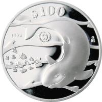 reverse of 100 Pesos - Vaquita (1992) coin with KM# 566 from Mexico. Inscription: $100 1992 Mo