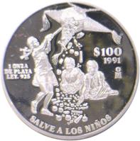 reverse of 100 Pesos - Salve a los niños (1991) coin with KM# 539 from Mexico. Inscription: 1 ONZA DE PLATA LEY .925 $100 1991 Mo SALVE A LOS NIÑOS