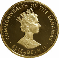 obverse of 250 Dollars - Elizabeth II - Queen Isabella and Christopher Columbus (1987) coin with KM# 121 from Bahamas. Inscription: COMMONWEALTH OF THE BAHAMAS RDM · ELIZABETH II ·