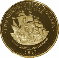 reverse of 250 Dollars - Elizabeth II - Queen Isabella and Christopher Columbus (1987) coin with KM# 121 from Bahamas. Inscription: · TWO HUNDRED FIFTY DOLLARS · SAN SALVADOR FG QUEEN ISABELLA AND COLUMBUS 1987