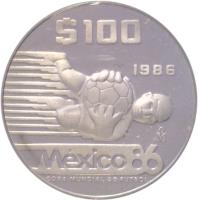 reverse of 100 Pesos - 1986 World Cup Soccer Games (1986) coin with KM# 521 from Mexico. Inscription: $100 1986 Mo México 86 COPA MUNDIAL DE FUTBOL