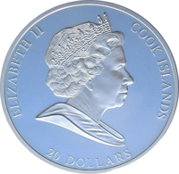 obverse of 20 Dollars - Elizabeth II - Masterpieces of Art Series - Blue Horse I by Franz Marc (2011) coin with KM# 1403 from Cook Islands. Inscription: ELIZABETH II COOK ISLANDS 20 DOLLARS