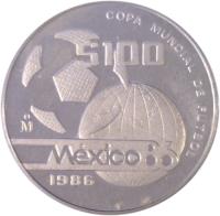 reverse of 100 Pesos - 1986 World Cup Soccer Games (1986) coin with KM# 524 from Mexico. Inscription: COPA MUNDIAL DE FUTBOL $100 Mo México 86 1986