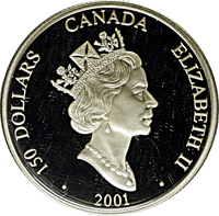 obverse of 150 Dollars - Elizabeth II - Year of the Snake (2001) coin with KM# 417 from Canada. Inscription: 150 DOLLARS CANADA ELIZABETH II 2001