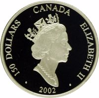 obverse of 150 Dollars - Elizabeth II - Year of the Horse (2002) coin with KM# 604 from Canada. Inscription: 150 DOLLARS CANADA ELIZABETH II 2002