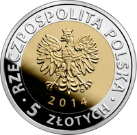 obverse of 5 Złotych - Discover Poland – The Royal Castle in Warsaw (2014) coin with Y# 913 from Poland. Inscription: RZECZPOSPOLITA POLSKA mw 2014 • 5 ZŁOTYCH •