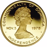 obverse of 150 Dollars - Elizabeth II - Israel and Egypt Peace Treaty (1979) coin with KM# 18 from Dominica. Inscription: · COMMONWEALTH OF DOMINICA · NOV. 3 1978 INDEPENDENCE