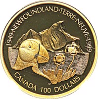 reverse of 100 Dollars - Elizabeth II - 50th Anniversary of Newfoundland Unity (1999) coin with KM# 341 from Canada. Inscription: 1949·NEWFOUNDLAND·TERRE·NEUVE·1999 CANADA 100 DOLLARS