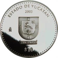 reverse of 10 Pesos - Yucatan - Silver Proof Issue (2003) coin with KM# 680 from Mexico. Inscription: ESTADO DE YUCATÁN 2003 Mo $10