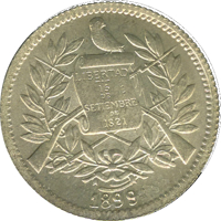 obverse of 1 Real (1899) coin with KM# 171 from Guatemala. Inscription: LIBERTAD 15 DE SETIEMBRE DE 1821 1899