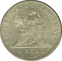 reverse of 1 Real (1899) coin with KM# 171 from Guatemala. Inscription: REPUBLICA DE GUATEMALA 30 DE JUNIO DE 1871 1 REAL LAGRANGE