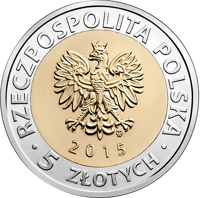 obverse of 5 Złotych - Discover Poland – Bydgoszcz Canal (2015) coin with Y# 926 from Poland. Inscription: RZECZPOSPOLITA POLSKA mw 2015 • 5 ZŁOTYCH •