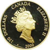 obverse of 150 Dollars - Elizabeth II - Year of the Dragon (2000) coin with KM# 388 from Canada. Inscription: 150 DOLLARS CANADA ELIZABETH II • 2000 •