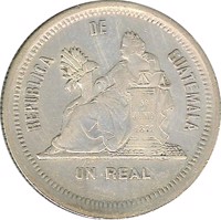 reverse of 1 Real (1879) coin with KM# 153 from Guatemala. Inscription: REPUBLICA DE GUATEMALA 30 DE JUNIO DE 1871 1 REAL