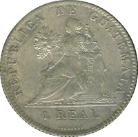 reverse of 1 Real (1899) coin with KM# 172 from Guatemala. Inscription: REPUBLICA DE GUATEMALA 30 DE JUNIO DE 1871 1 REAL LAGRANGE