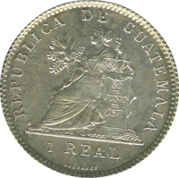 reverse of 1 Real (1899) coin with KM# 173 from Guatemala. Inscription: REPUBLICA DE GUATEMALA 30 DE JUNIO DE 1871 1 REAL LAGRANGE